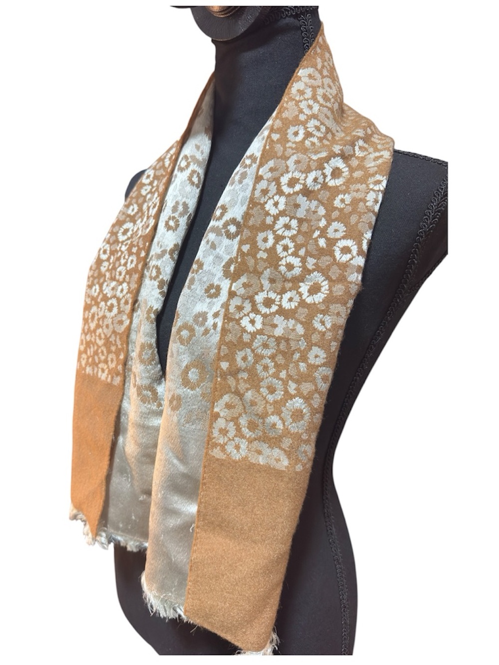 Vintage Reversible Silk Jacquard Scarf Champagne Gold  Floral Kimono Stole Wrap